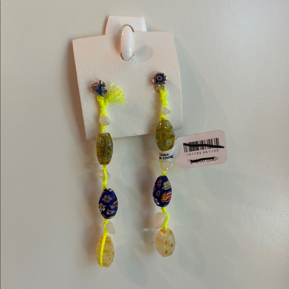 Free People Neon Yellow Multicolor Beaded Drop Earrings